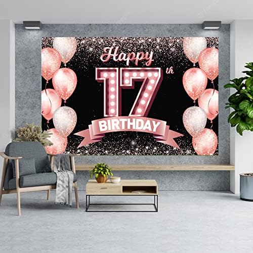 Sretan 17. rođendan Rose Gold Banner pozadina Cheers to 17 godina konfeti baloni tema dekor dekoracije za djevojčice