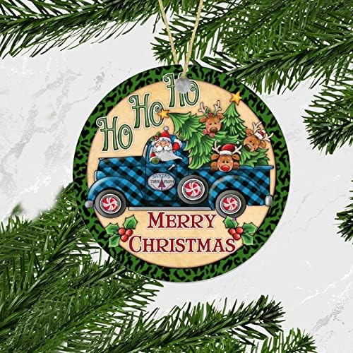 Plavi kamion Santa Claus okrugli keramički ukrasi Ho Ho Ho Sretan Božić 2021 krug keramički Ornament 3 inča 2021 privjesak za Božićni Ornament personalizirani porodični ukrasi za božićnu jelku za bebe
