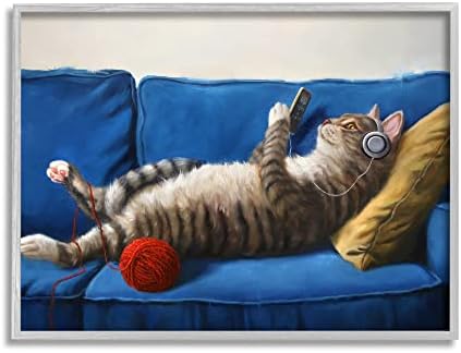 Stupell Industries Cat Couch Relatavska crvena kugla kućna ljubimca Portret Siva uokvirena zidna umjetnost, 14 x 11, plava