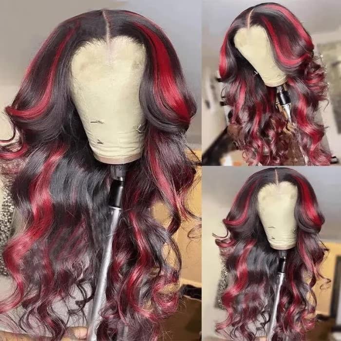 Jnymell Highlight Lace Front Wigs Body Wave Lace Frontal Wig Omber Red Highlight with Black Colored Pre čupao sa Baby Hair 13x4 Lace Front Human Hair HD Crystal Lace Remy Wavy human Hair Wig