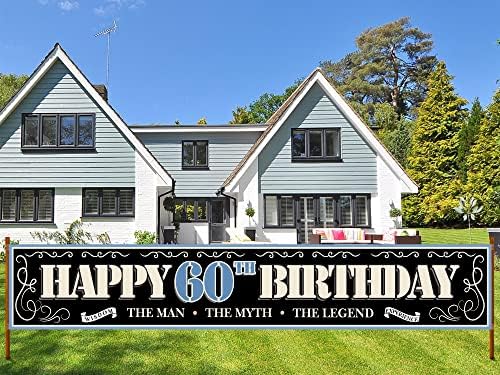 Extra Veliki vintage retro sretni 60. rođendan baner, crni bijeli plavi 60. rođendan znak za muškarca oca
