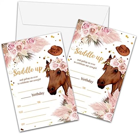 Foosproea Horse Rođendan Pozivnice sa kovertama - Kartija za pozivnicu Cowgirl za djevojčice - Boho ružičasti