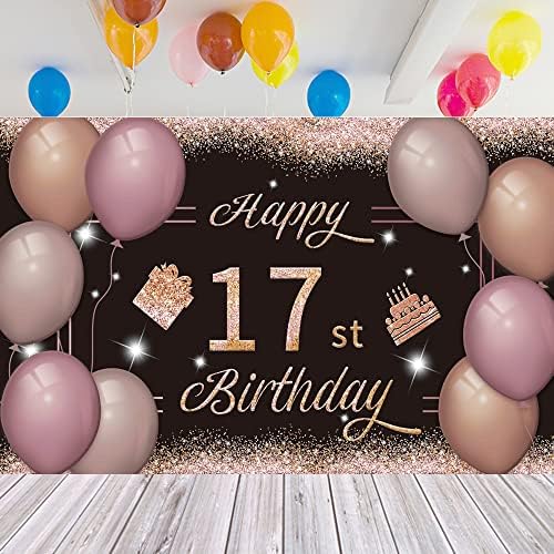 Happy 17st Birthday Backdrop Banner Black Pink 17th znak Poster 17 birthday party Supplies