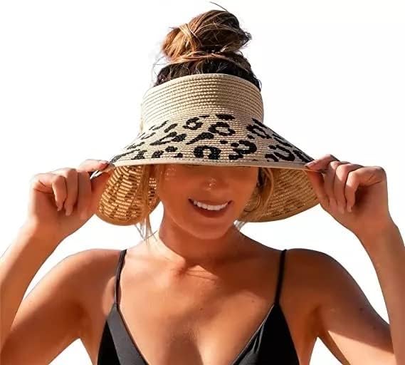 Lukovi lukovi žene Leopard sunčeve vizike širokim preklopnim pakiranjem slamkivanog ponytata ljetna plaža putni uv kape
