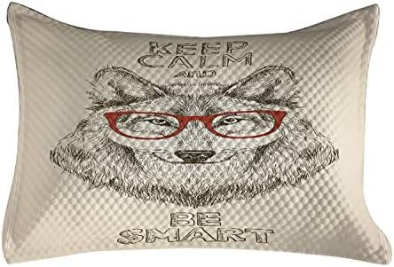 Ampesonne Držite miran quilted jastuk, šaljivu skicu vuka sa naočalama i budite pametna tipografija, standardna navlaka za prikrivanje tajre za spavaću sobu, 30 x 20, blijedi senf taupe