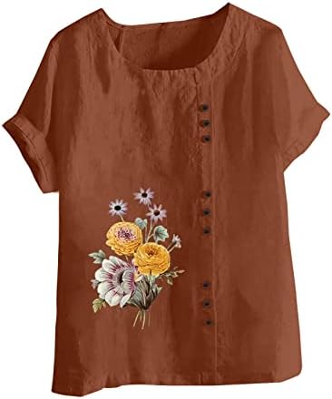 Ženska majica od pamučne posteljine, slatka cvjetna grafička mašica kratki rukav plus veličina vrhova casual labava bluza za vrat