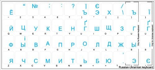 Rusko-ukrajinske oznake tastature raspored na prozirnoj pozadini sa plavim, crvenim, bijelim ili