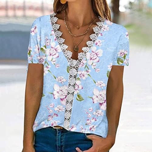 Ženski kratki rukav dubok V izrez cvjetni grafički ručak labav fit bluza majica čipkasti pamučni tee za dame