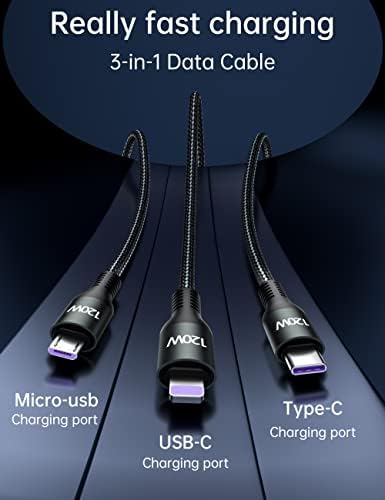 QuikBee višekutni kabl, 4ft / 1,2m, 3 u 1 kabl za brzo punjenje najlonski pleteni USB kabl