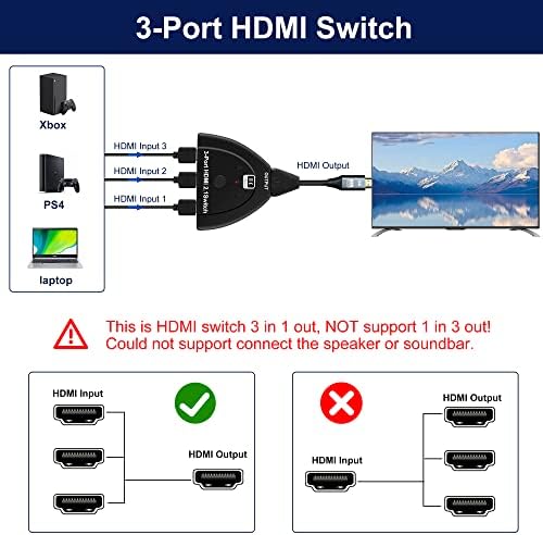HDMI prekidač 4K 120Hz, 3,9ft HDMI kabl, preklopnik NewCare 8k HDMI 2.1, HDMI razdjelnik 3 u 1 izlaz podržava VRR, HDR, HDCP 2.3, HDMI HDC za Xbox PS4 PS5 ROKU Apple TV projektor