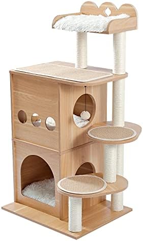 Moderna drvena kula za mačke na više nivoa, dublja verzija zamka Cat Sky sa 2 udobna stana, luksuznim Smuđom i interaktivnim visećim kuglicama bež
