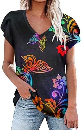 Ženske vrhove Dressy Casual V izrez cvjetne tiskane majice Ljeto Comfy vrhovi modni majica petal rukava