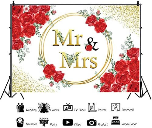 Mr & amp; Mrs Backdrop 7 x 5 ft Crvena ruža cvijet vjenčanje pozadina Glitter zlato i bijelo Miss to
