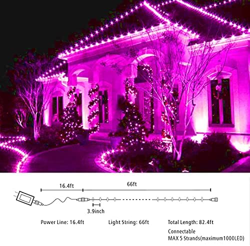200 LED Pink niz svjetla za Valentines Day Decor, 66FT Pink Valentine Fairy Lights sa 8 modovima,