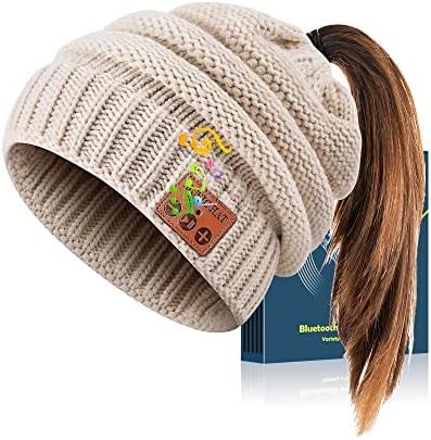 Ahasti Bluetooth Beanie za žene s rupom od konjskih repa, pokloni za žene Muzičke šešir Bežične slušalice, žene Beanie Tech poklons Girls-Beige