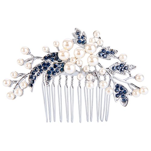 EVER FAITH Wedding Hair Accessories Austrian Crystal simulirani biser cvjetni list Branch Bridal Hair češalj plava za Bride Silver-Tone