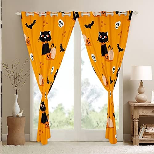 Erosebridal Halloween Curtains 38x45, Crtane zavjese za blacktovike za djecu, crtane crne mačke zavjese i zavjese, slatka lobanja glava šišmiša zastove 2 ploče dekor spavaće sobe