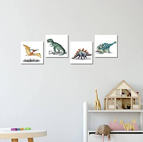 Zidna Umjetnost dinosaurusa akvarel dinosaurusi slike uokvirene Dino Print na platnu, božićni poklon za dječake djevojčice djeca spavaća soba rasadnik zidni ukrasi 4 komada, Tyrannosaurus rex, Pterosaur, Stegosaur,Ankylosaurus, spreman za vješanje