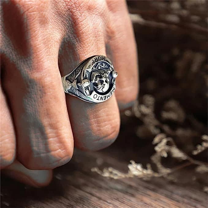Goohopsun Memento Mori Skull muški bajkerski prsten, Antikni bajkerski prsten od nerđajućeg čelika,