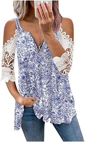 Zipper V izrez Loose vrhovi za žene hladne ramene čipke kratkih rukava s retro patchwork tuničkih bluze