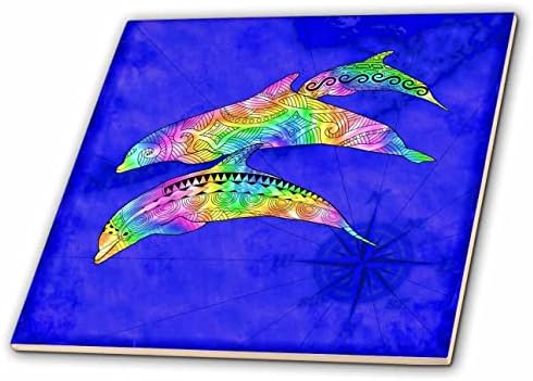 3dRose mahuna šarenih duginih plemenskih delfina preko plave nautičke karte. - Pločice.