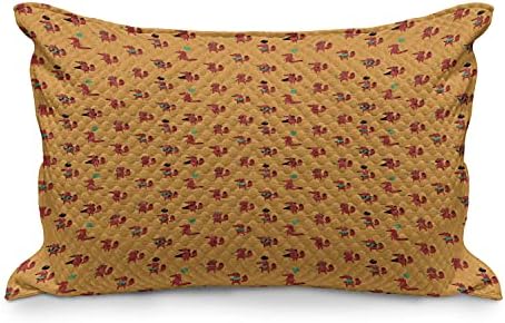 Ambesonne Fox Quilted jastuk, doodle uzorak smiješna životinja sa raznim predmetima, standardna navlaka za tajnu nalik na zelenilo za spavaću sobu, 30 x 20, marigold multicolor