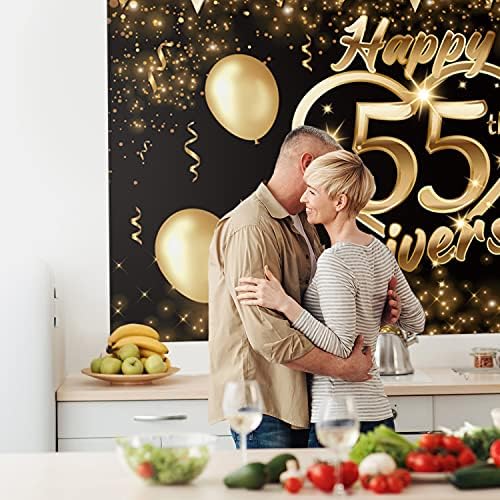 Sretna 55. godišnjica pozadina Banner Decor crno zlato-Glitter Love Heart Happy 55 godina godišnjica