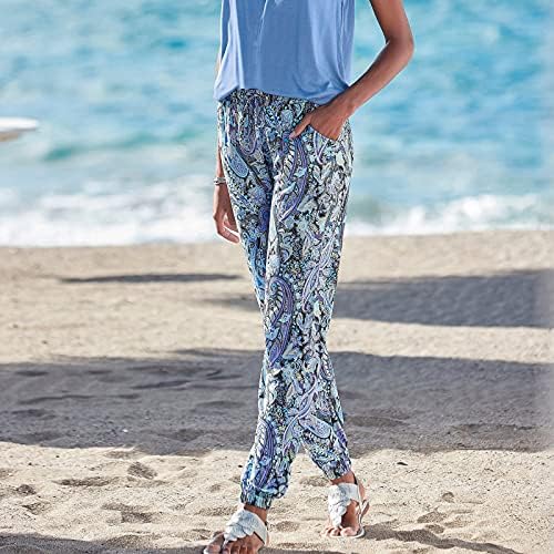 Grafičke pantalone za ženske plaže DSODAN sa džepovima visoki struk print boho hlače, ležerne pamučne pamučne patve