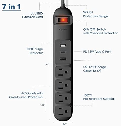 Power Strip sa USB C, Mnogimaksimalno montažni ravni utikač Produžni kabl sa 4 široko razmaknuta