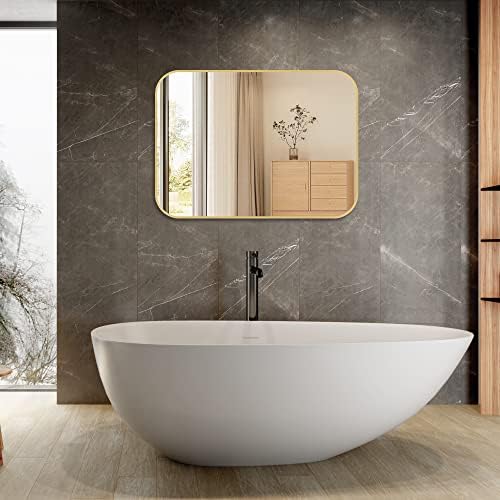 JENBELY 24x36 inča zlatno ogledalo za kupatilo, brušeni mesing Zlatni Metal uokvireno pravougaono ogledalo sa zaobljenim uglom, zidno toaletno ogledalo za spavaću sobu ili dnevni boravak, horizontalno/vertikalno