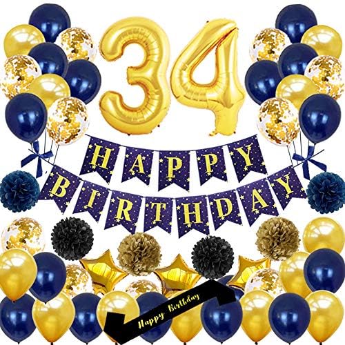 YujiaOnly 34. rođendanski ukrasi - sretan rođendan Baner zlata broj 34. balona Happy Rođendan i