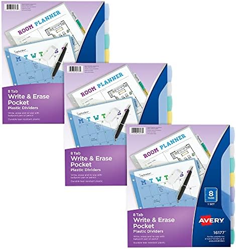 Avery Write & Erase Pocket Plastic Dividers & Durable Plastic 8-Tab Write & amp; Erase Big Tab Dividers