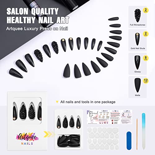 Artquee 2 kompleta 48kom Crna presa na noktima srednji kovčeg sa Bademastim oblikom sjajni lažni nokti Art 3D Rhinestones Luksuzni dizajn akrilni nokti umjetni štap na lažnim noktima Savjeti za žene