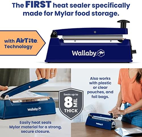 Wallaby Impulse Sealer - 8 inča - ručna mašina za zaptivanje toplote za Mylar torbe - teške uslove rada za jako, sigurno zaptivanje za dugoročno skladištenje hrane-uključena su dva osigurača i kompleti za zamenu traka