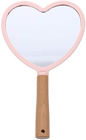 Lurroza Ručna zrcala Organiranje srca Staklo Ogledalo Prijenosno kozmetičko ogledalo sa drvenom ručicom za žene torbica ružičasta