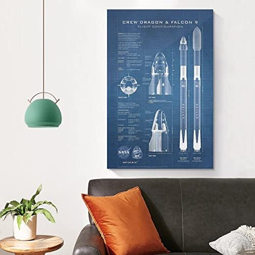 Bad Spacex Crew Dragon Spacecraft Falcon 9 raketa Blueprint Wall Art Print Canvas Poster dekorativna