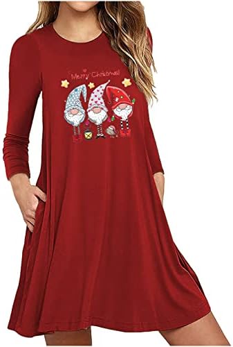 Ruziyoog ženske Božićne haljine Holiday Funny grafički Print duge rukave haljine s džepovima Casual labave Swing
