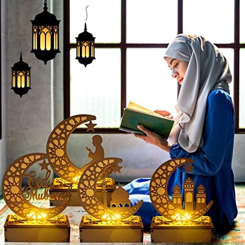 Eid Crafts noćno svjetlo, Ramazan Mubarak Lamp dekoracije, 3d ručno rađeni drveni Moon Star LED svjetla dekor, Eid ukrasi poklon za muslimane, Islamski zidni stol dekor, Ramazan poklon