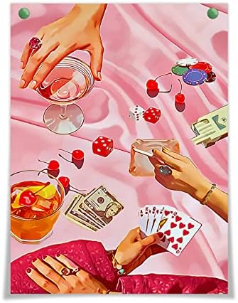 OAOPIC Vintage Pink Poker kartanje posteri za sobu dekor estetski Retro Funny kazino kockanje Dice čips Canvas Wall Art Cool Funky koktel alkoholna pića Prints slike 12x16in Neuramljen