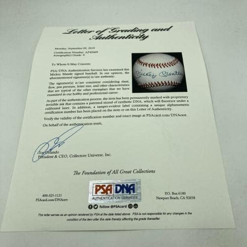 Mickey Mantle potpisao američku ligu bejzbol PSA DNK Ocjenjivanu mettu 9 - autogramirani bejzbol
