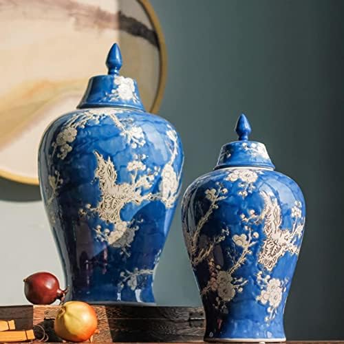 CNPraz Plava keramička vesla đumbir sa poklopcem za kućni dekor, cvijet šljive uzorak hram jar vaza Tradicionalni porculan sušeni cvjetovi za cvijeće Boul Sin