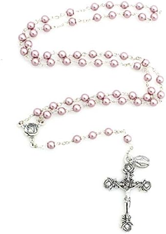 CB Katolička Srebrna Swarovski biserna svijetlo ružičasta perlica brojanica sa ružama detaljni 2 L privjesak za raspeće