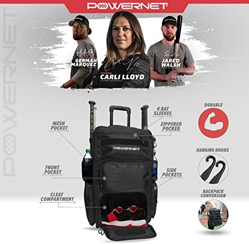 Powernet Odyssey Rolling Baseball Torba za softball-u | Skriveni kaiševi ruksaka | 4 bat rukava | Ventilirani odjeljak za cipele | 2 džepa za piće | Trajna oprema za opremu