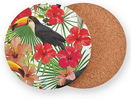 Cork podmetači za piće Set 4 - Tropske ptice upijajuća ploča za rušenje upijaju, housewarminging poklon za kućni dekor