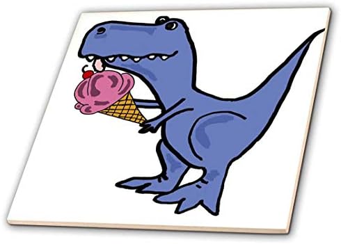 3drose Funny Cute Trex Dinosaur Eating Ice Cream Cone Tile, 4 x 4