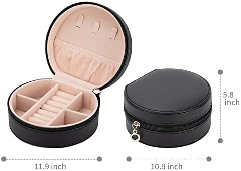 Mala okrugla kutija za nakit za žene devojke, PU kožna putna torbica sa patentnim zatvaračem, Mini prenosne kutije za izlaganje organizatora za prstenje naušnice ogrlice, Crna