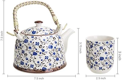 MyGift japanski čajnik set sa plavim dizajnom ruža uključuje čajnik s bambusovim gornjom ručkom,