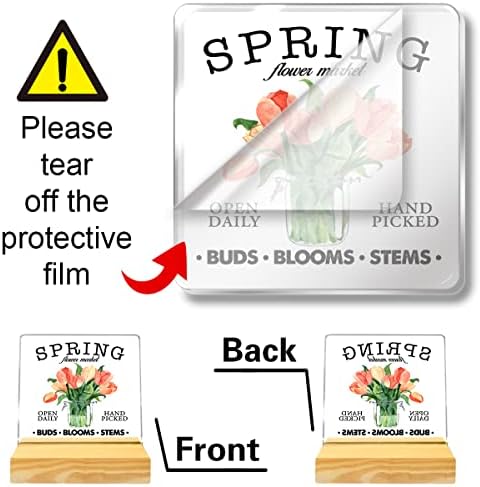 Proljetni dekor za trčanje cvijeća, proljetni akrilni plak znak sa drvenim postoljem Dekor za stol za cvijeće