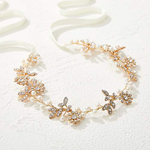 SWEETV Gold Crystal vjenčanje traka za glavu Pearl Bridal Headpiece Rhinestone cvijet kosa Vine za bride hair Accessories