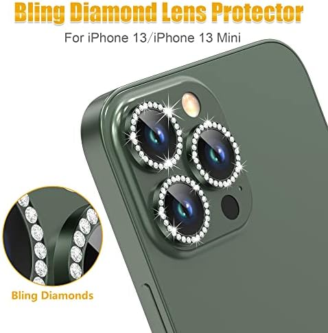 Agvee 3 + 3 6 Pack za iPhone 13 Pro 6,1 / 13 Pro max 6,7 Zaštitnik objektiva kamere, Bling Diamond & Bling Glitter Metalni prsten 9h Kaljeno HD Stakleno kamera zaštitni poklopac, zelena